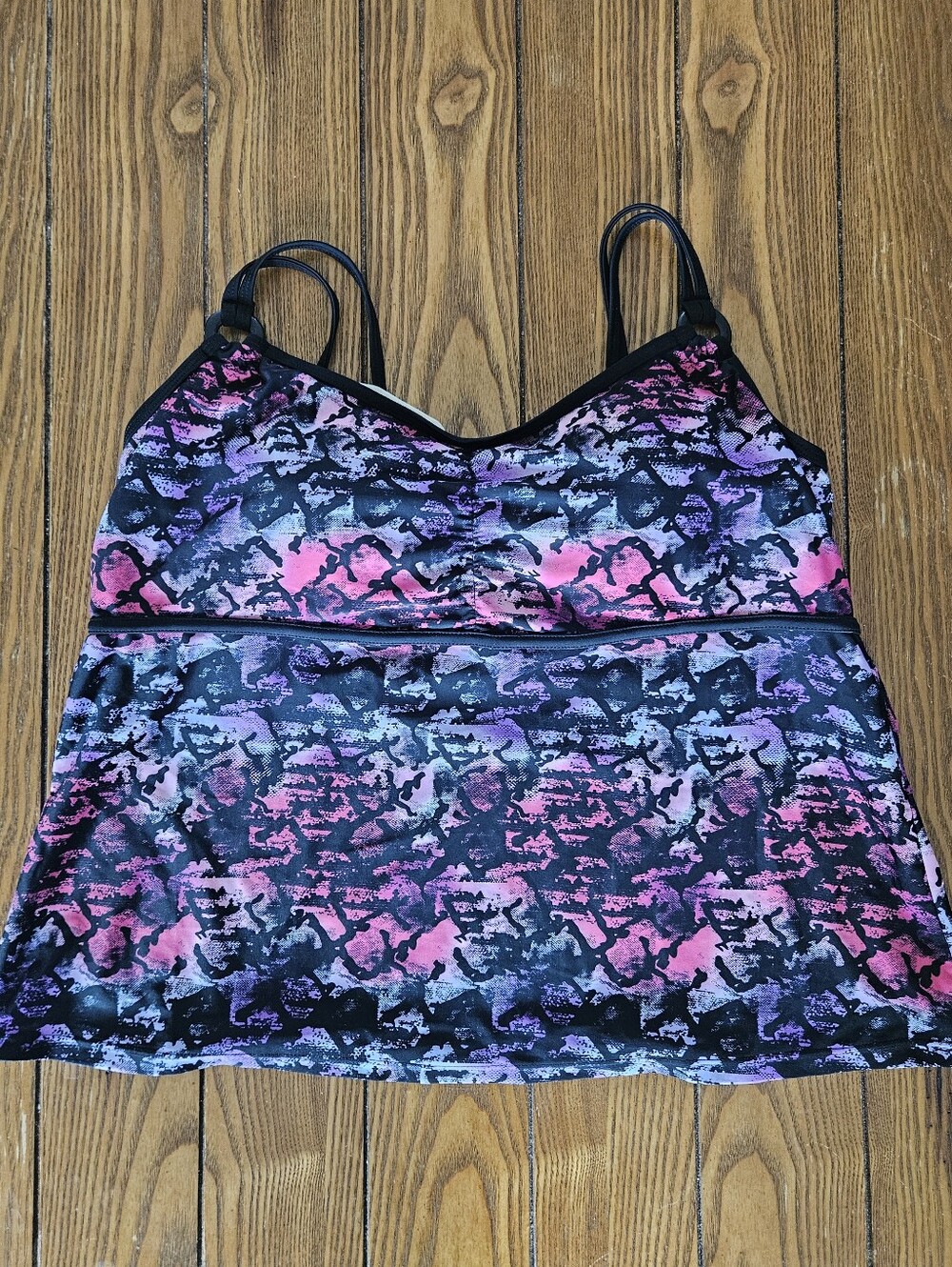 Pink, Purple & Black Abstract Print Tankini Top, Size 1X